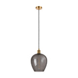 Cawdor E27 pendant light with a 25cm smoke-tinted glass wine glass-shaped shade, gilt bronze fitting with black twisted cable, shown on a plain white background.