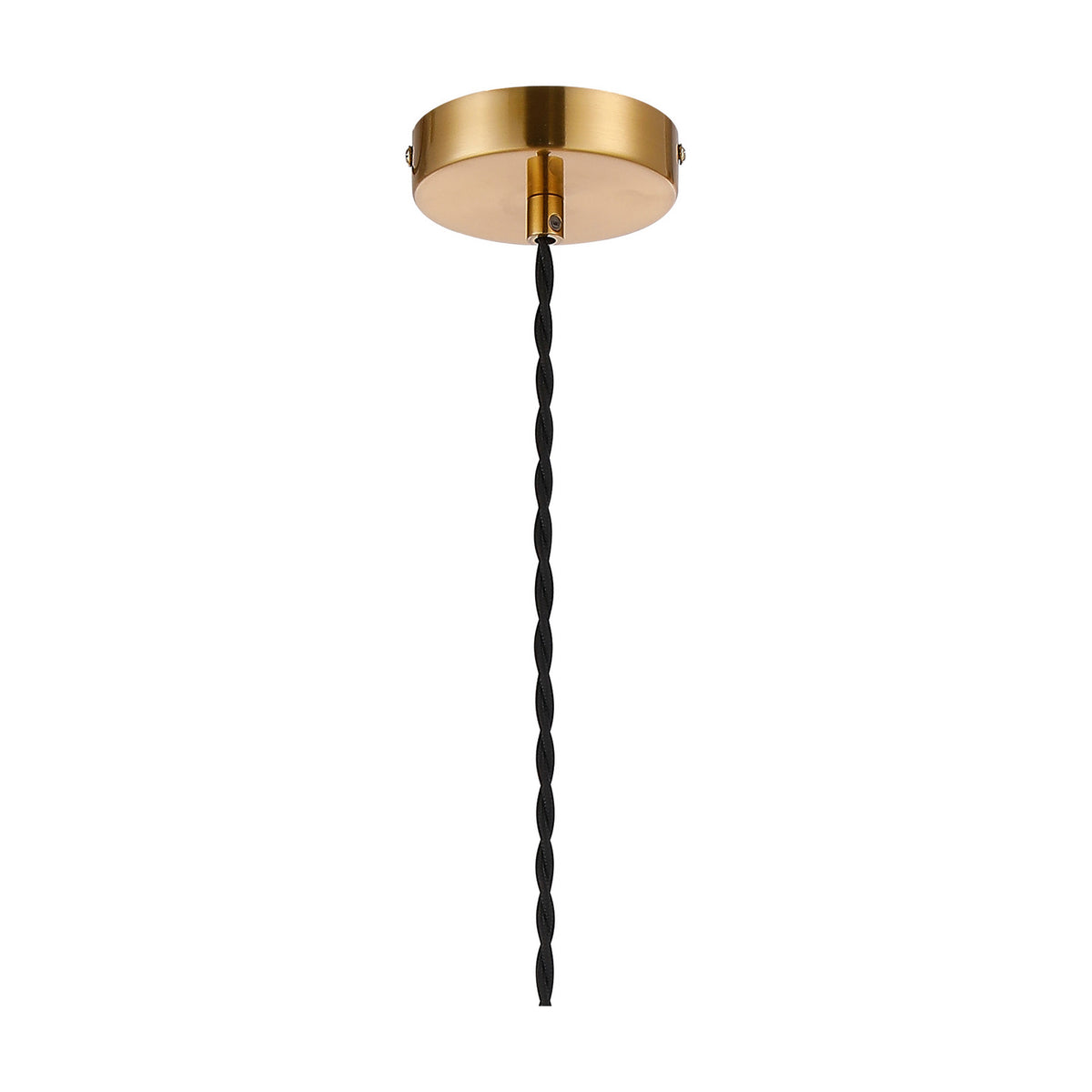 Cawdor E27 pendant light ceiling rose in gilt bronze with black twisted cable, shown against a plain white background.