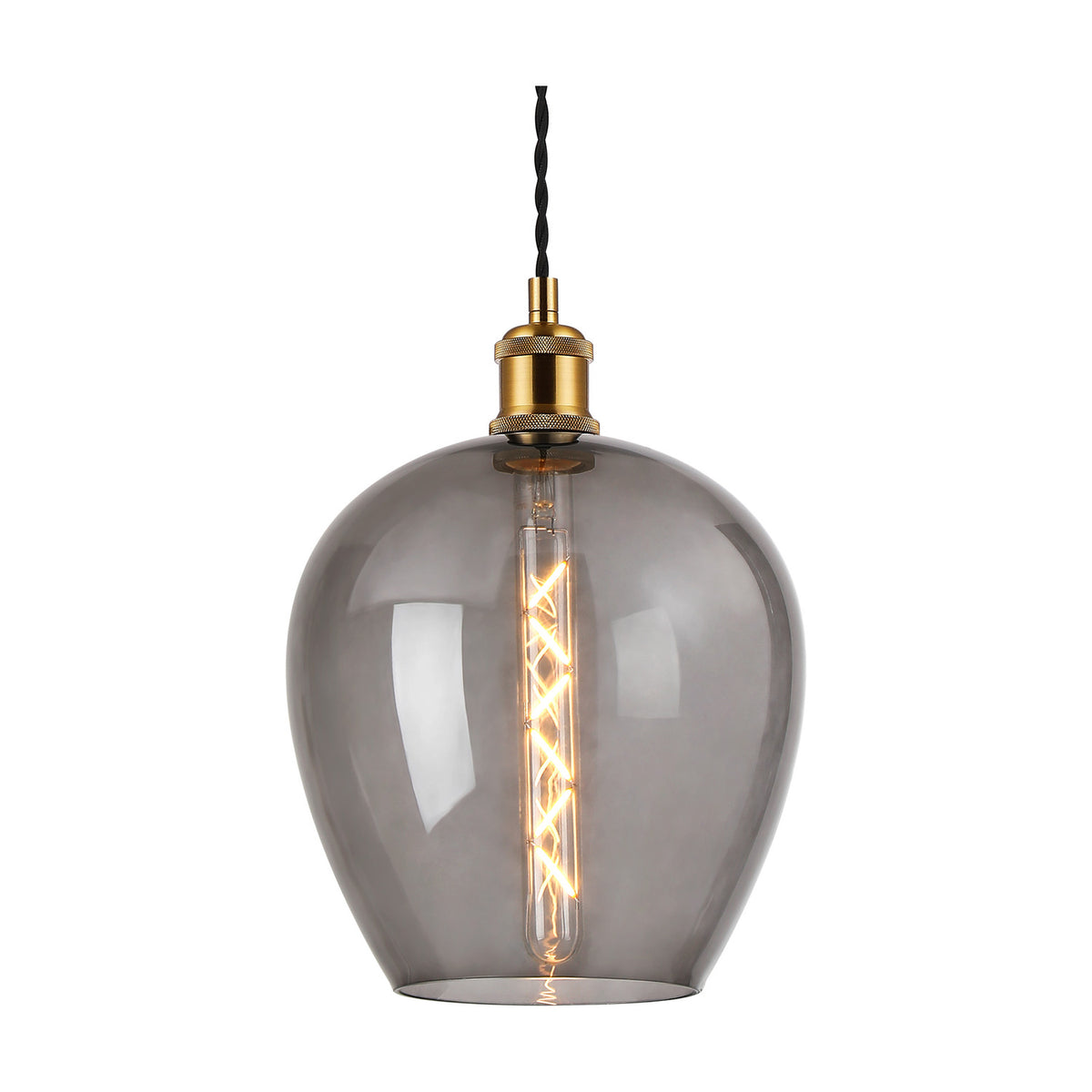 Cawdor E27 pendant light with a wide 25cm smoke-tinted glass shade in an upturned wine glass shape, gilt bronze fitting and twisted black cable, shown against a plain white background.