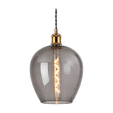 Cawdor E27 pendant light with a wide 25cm smoke-tinted glass shade in an upturned wine glass shape, gilt bronze fitting and twisted black cable, shown against a plain white background.