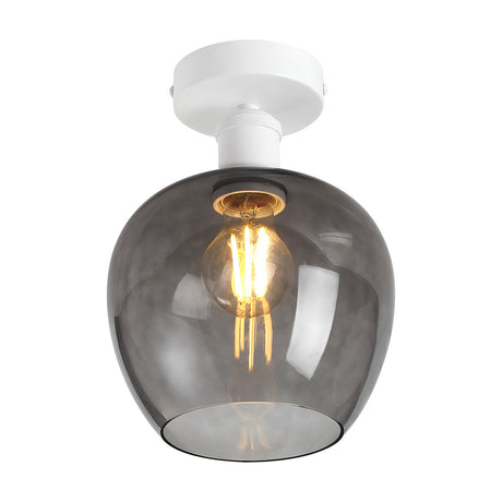 Cawdor E27 wine glass flush ceiling light with an 18cm smoke glass shade on a matt white ceiling plate, shown lit with a globe bulb against a plain white background.