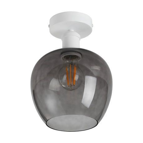 Cawdor E27 flush ceiling light with an 18cm smoke glass wine-glass shade on a matt white ceiling plate, shown with a filament bulb against a plain white background.