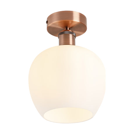 Cawdor Wine Glass Flush Ceiling Light, 18cm opal glass globe shade on an antique copper gallery and ceiling plate, single light fitting on a plain white background.
