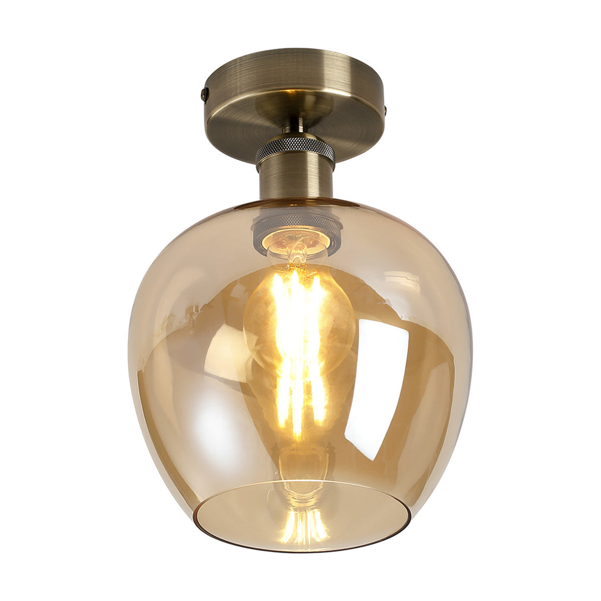 Semi-flush ceiling light with a rounded 18cm amber glass shade and antique brass ceiling plate, fitted with a visible E27 bulb, shown on a white background.