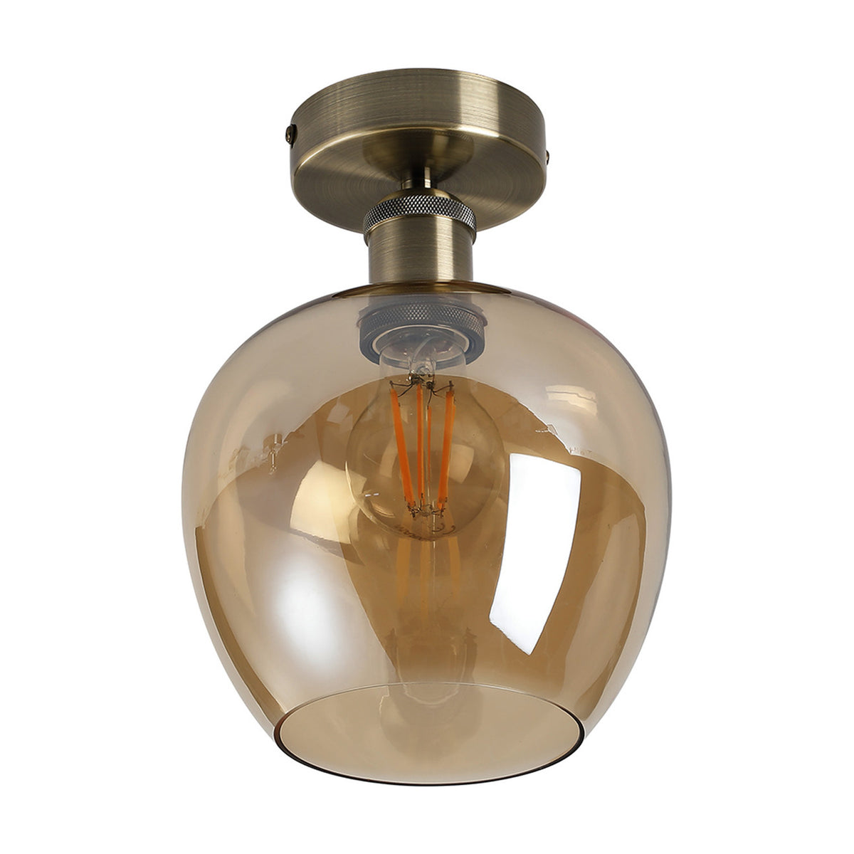 Semi-flush ceiling light with 18cm amber glass globe shade and antique brass mount, shown with visible E27 filament bulb on a white background.