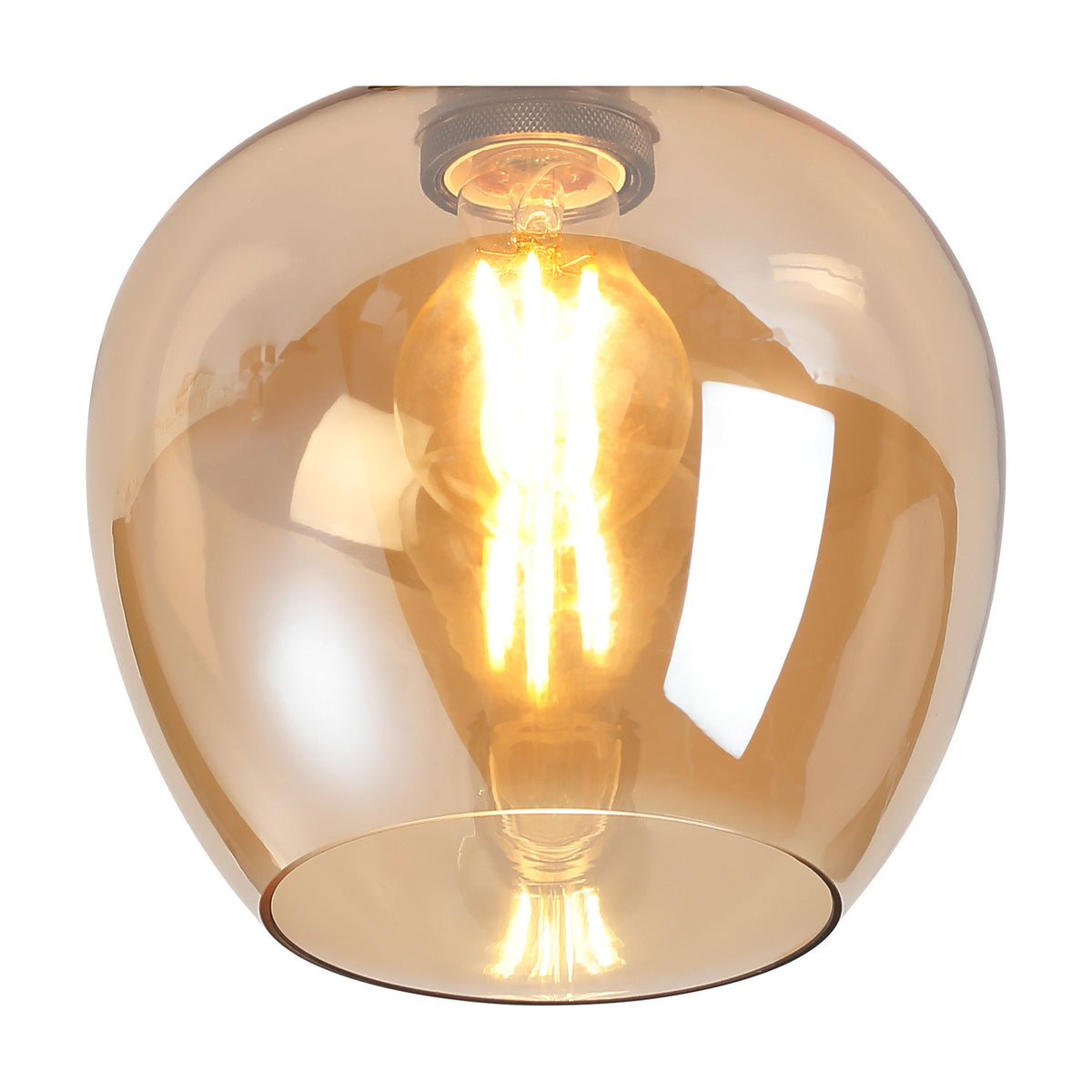 E27 ceiling light with an 18cm round amber glass shade and antique brass ceiling plate, lit bulb visible inside, shown on a white background.