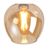 E27 ceiling light with an 18cm round amber glass shade and antique brass ceiling plate, lit bulb visible inside, shown on a white background.