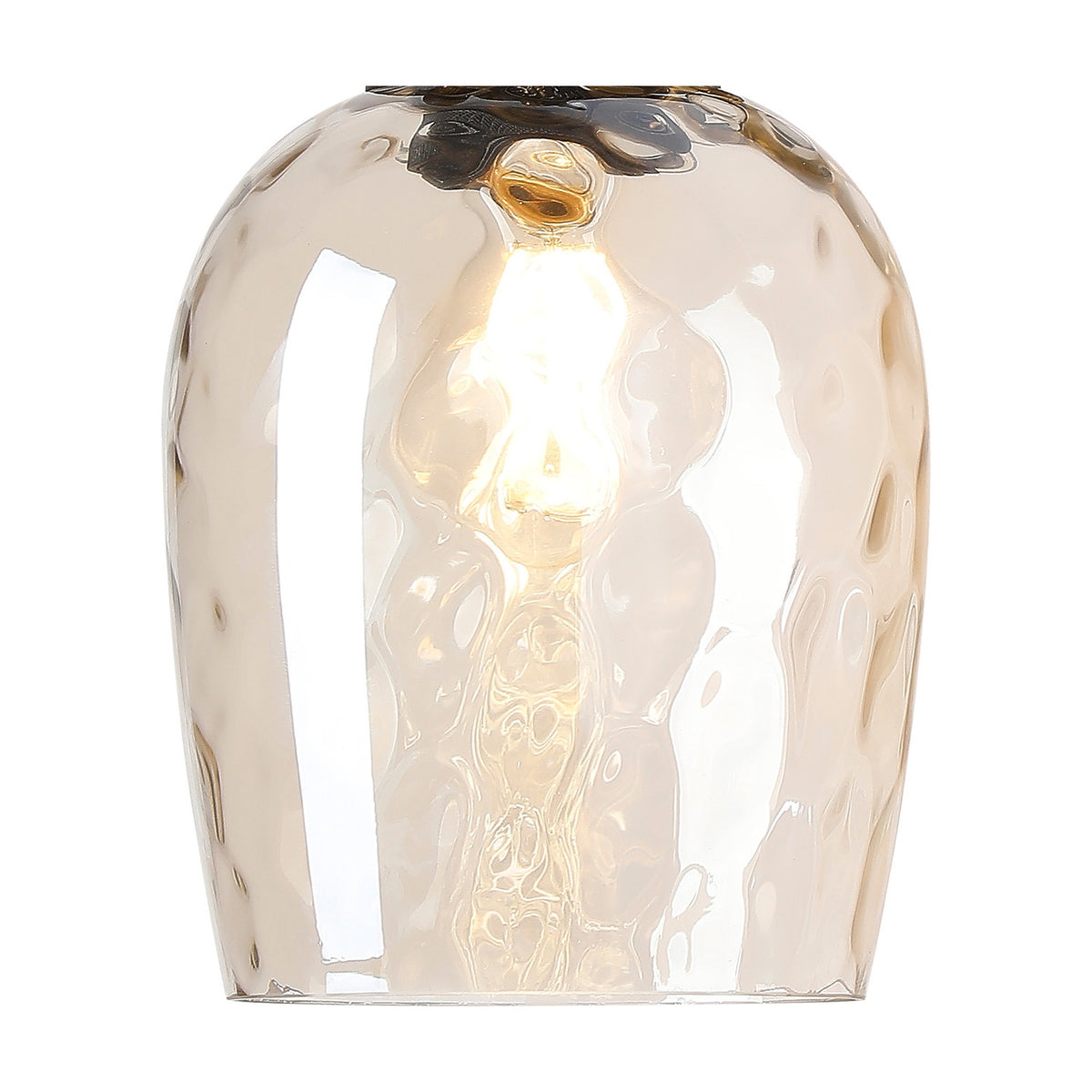 Cawdor wine glass wall light with a champagne-tinted glass shade, wide at the rim and tapering to a matt black wall plate, lit E27 bulb visible, shown on a white background.
