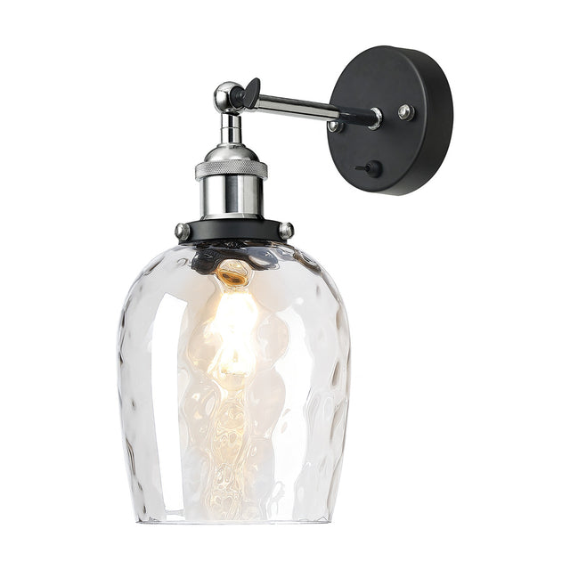 Cawdor Wine Glass Wall Light with clear dimpled glass shade on a polished chrome arm and matte black wall plate, shown with a lit filament bulb on a white background.