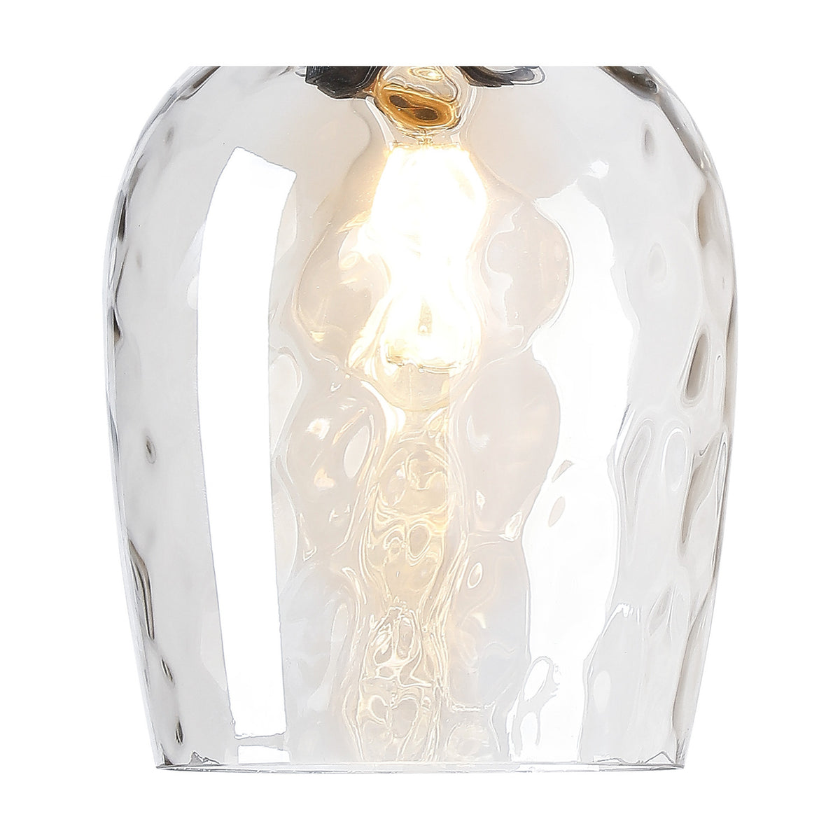 Close-up of the Cawdor wall light's clear dimpled glass shade in a wine-glass shape, showing a lit filament E27 bulb and chrome fitting details.