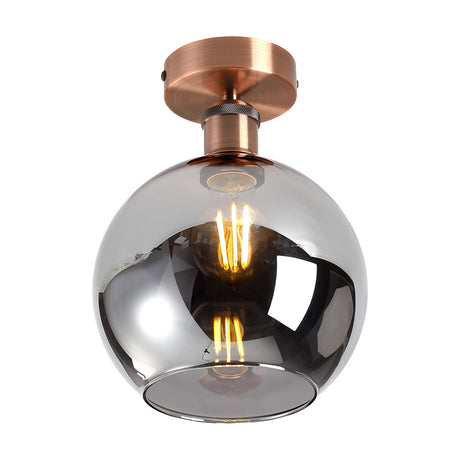 Cawdor E27 Globe Flush Ceiling Light, 20cm smoke-tinted glass globe shade with antique copper ceiling mount and fitting, shown on a plain white background.