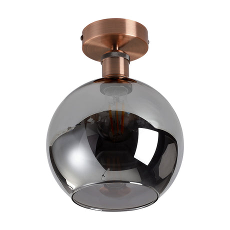 Cawdor E27 Globe Flush Ceiling Light, 20cm smoke-tinted glass globe with antique copper ceiling mount and visible filament bulb, shown on a plain white background.