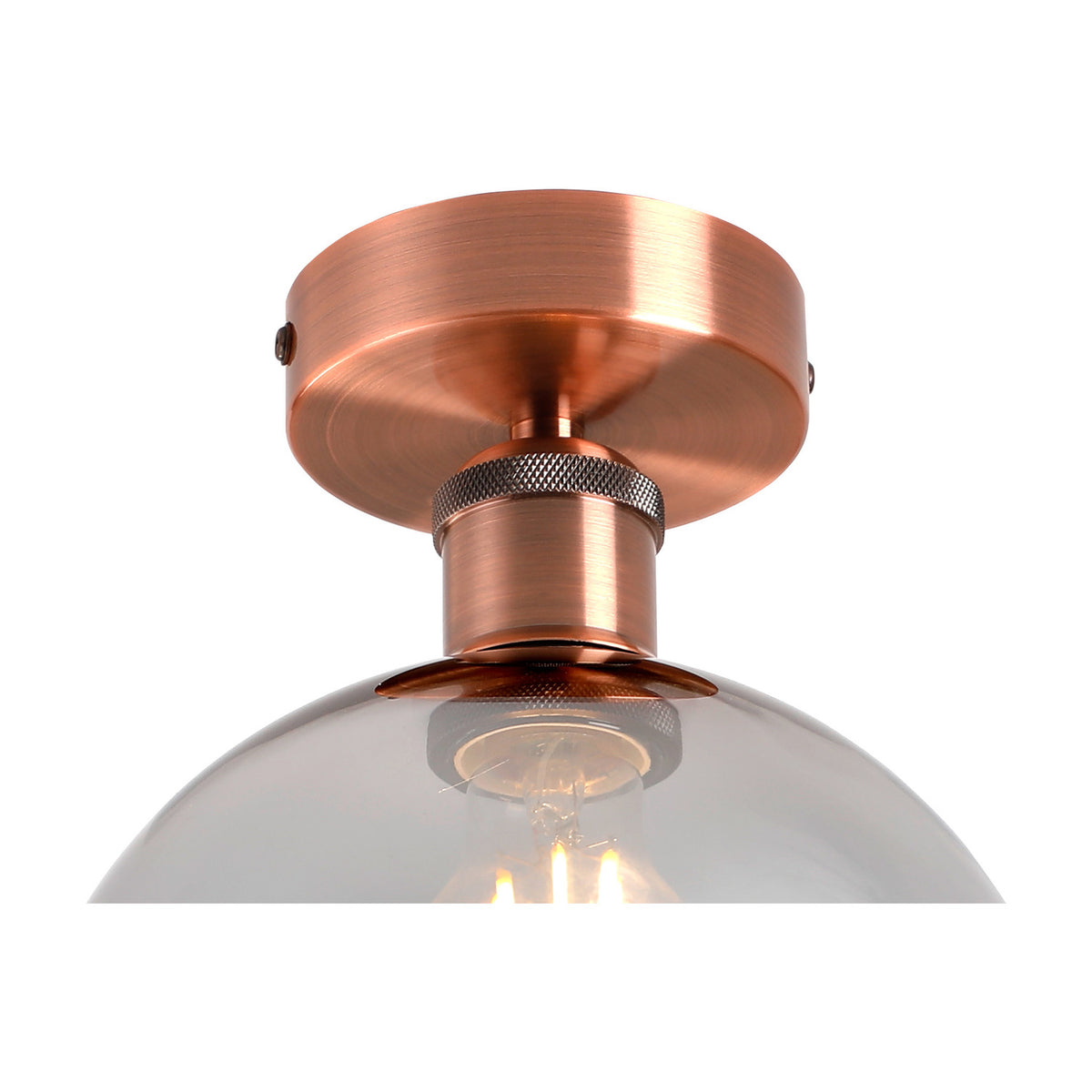Cawdor E27 Globe Flush Ceiling Light close-up showing antique copper ceiling plate and fitting with 20cm smoke glass globe, set against a plain white background.