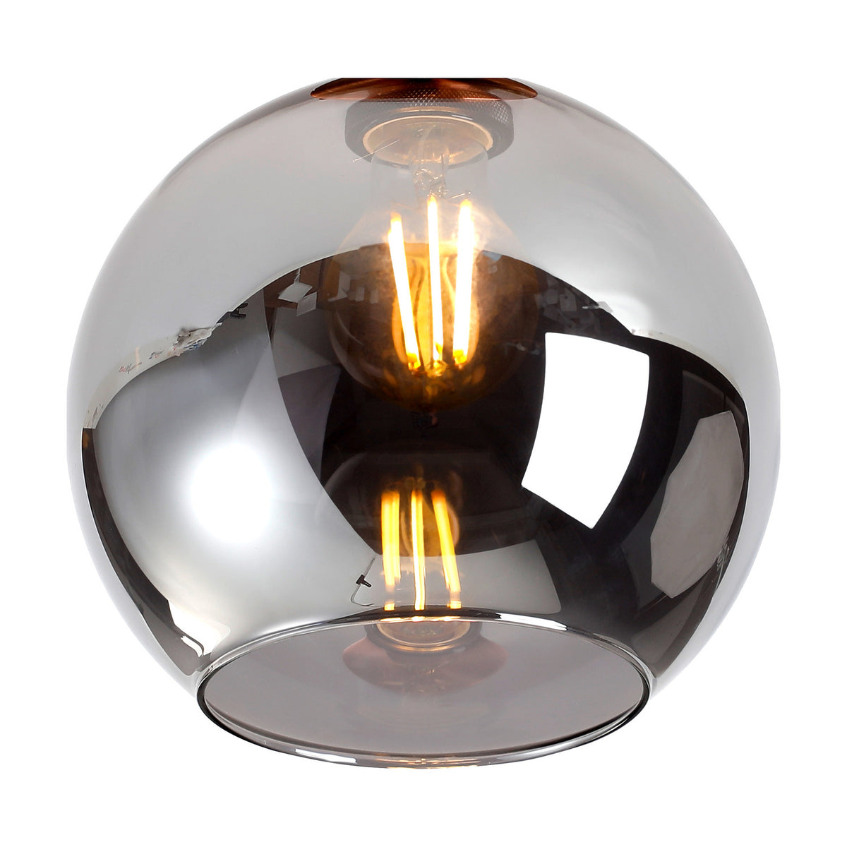 Cawdor E27 Globe Flush Ceiling Light, 20cm smoke-tinted glass globe with antique copper fitting, lit filament bulb visible inside, on a plain white background.