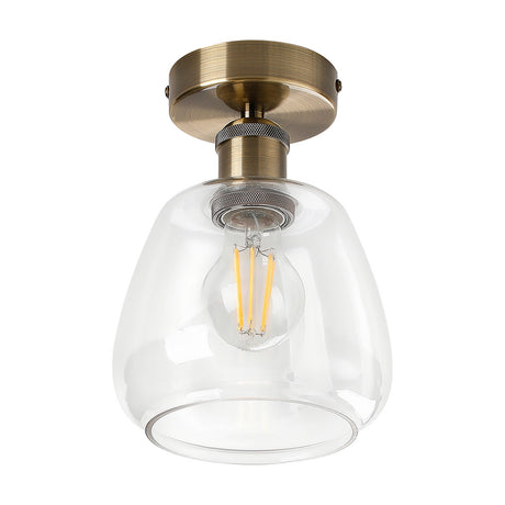 Cawdor E27 Flush Ceiling Light 16cm Clear - Antique Brass