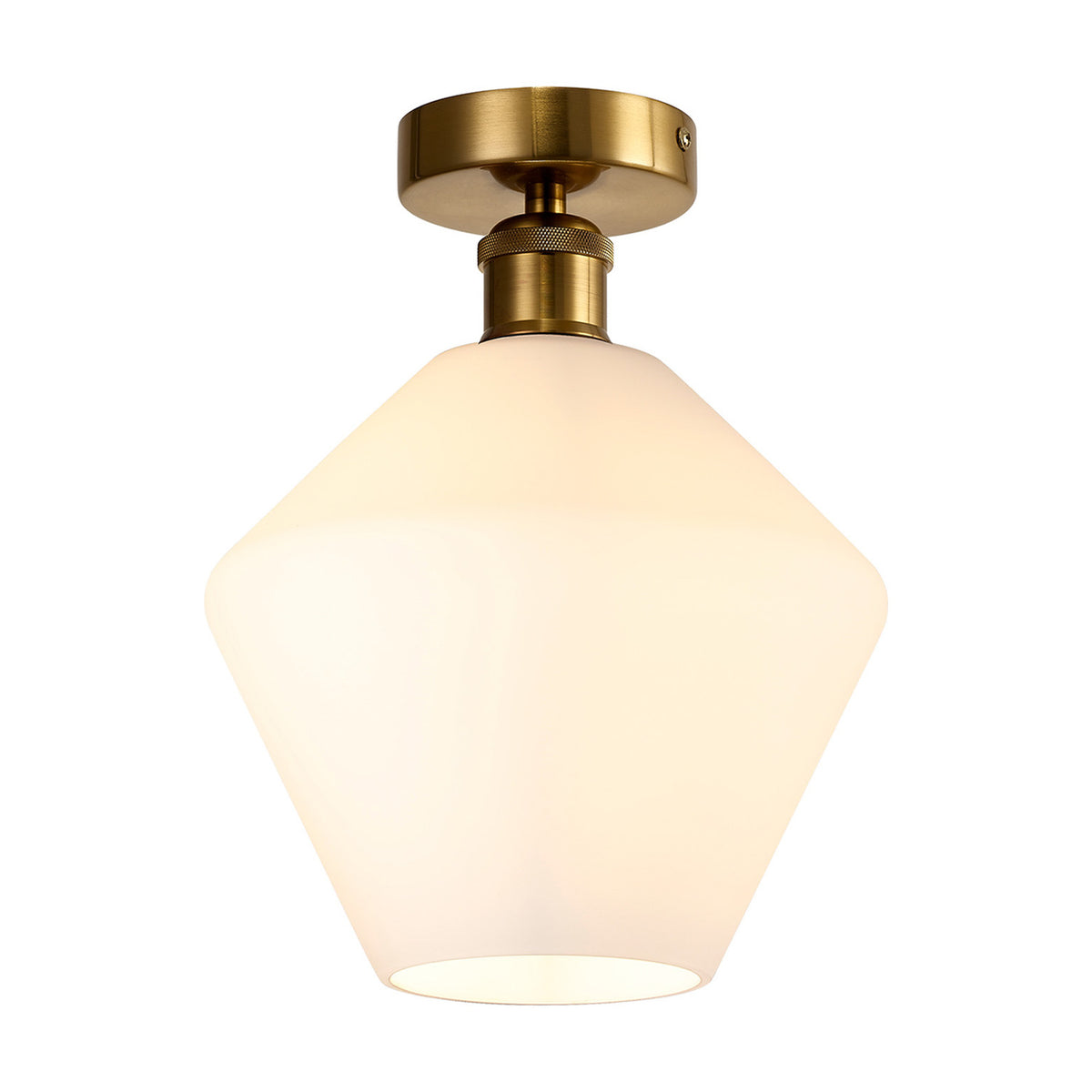Cawdor E27 flush ceiling light with a 23cm faceted opal glass shade in a geometric shape, fitted close to the ceiling with a gilt bronze mount, shown on a plain white background.