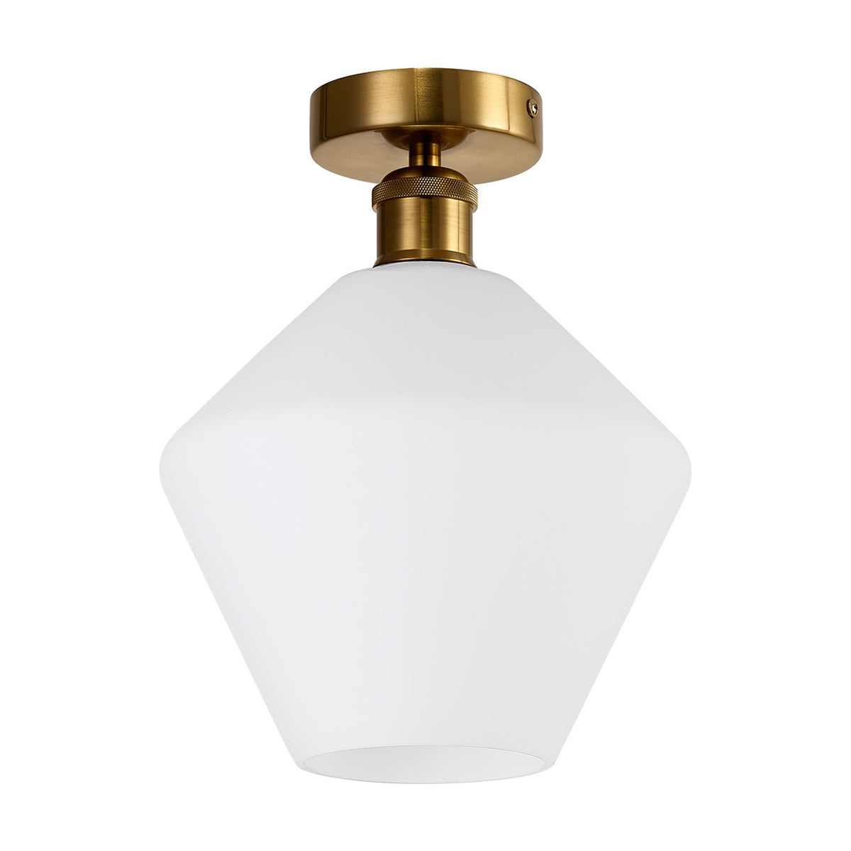 Cawdor E27 flush ceiling light with a faceted opal glass shade in a geometric diamond shape, fitted to a gilt bronze ceiling mount, shown on a plain white background.