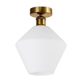 Cawdor E27 flush ceiling light with a faceted opal glass shade in a geometric diamond shape, fitted to a gilt bronze ceiling mount, shown on a plain white background.