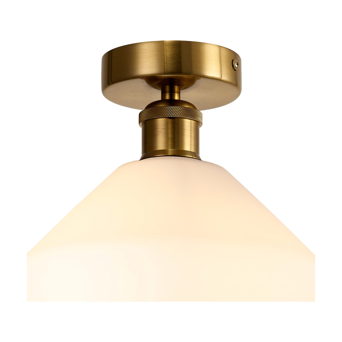 Cawdor E27 flush ceiling light with 23cm opal glass cone shade and gilt bronze fitting, knurled detailing on the mount, shown against a plain white background.