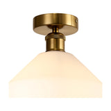 Cawdor E27 flush ceiling light with 23cm opal glass cone shade and gilt bronze fitting, knurled detailing on the mount, shown against a plain white background.