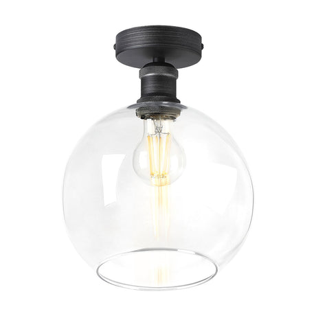 Cawdor E27 Globe Flush Ceiling Light, 20cm clear glass globe shade with pewter gallery fitting and visible filament bulb, shown on a plain white background.