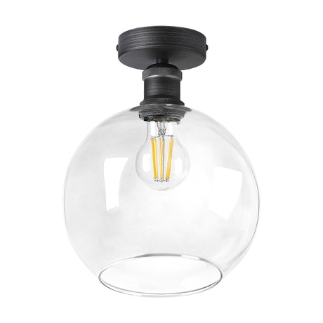 Cawdor E27 globe flush ceiling light, 20cm clear glass sphere with pewter gallery mount, shown with a filament bulb on a plain white background.