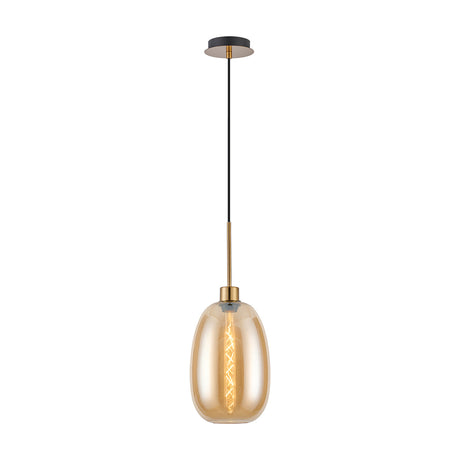 E27 Pendant Light 12cm Amber Glass - Antique Gold