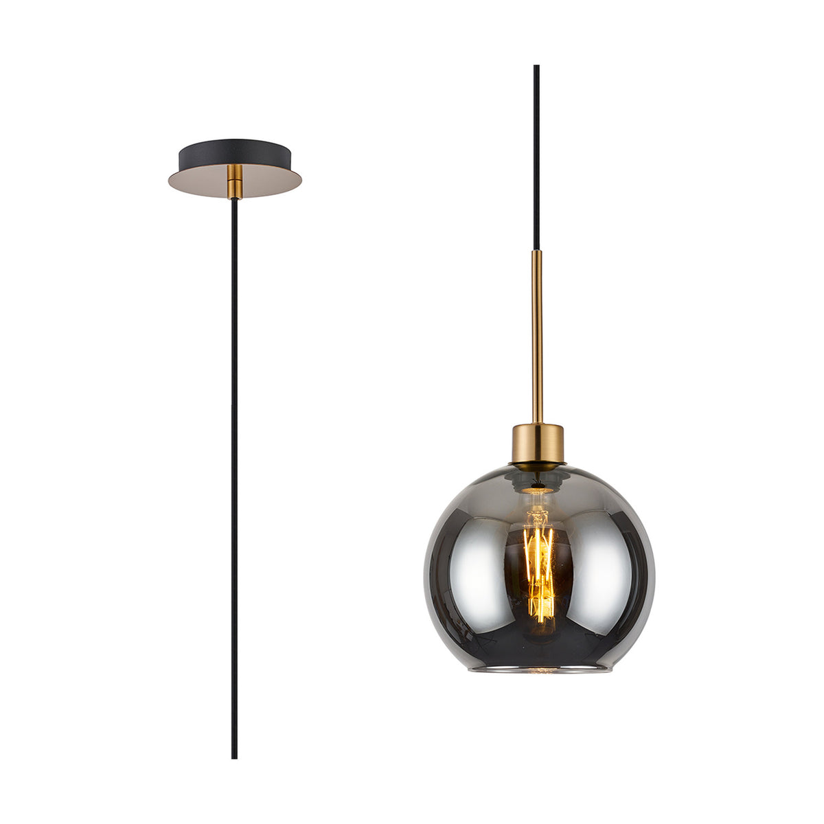 Lori Single Pendant Light, a 12cm smoke-tinted glass globe on an antique gold suspension rod with round ceiling canopy, shown with mounting rod diagram on a white background.