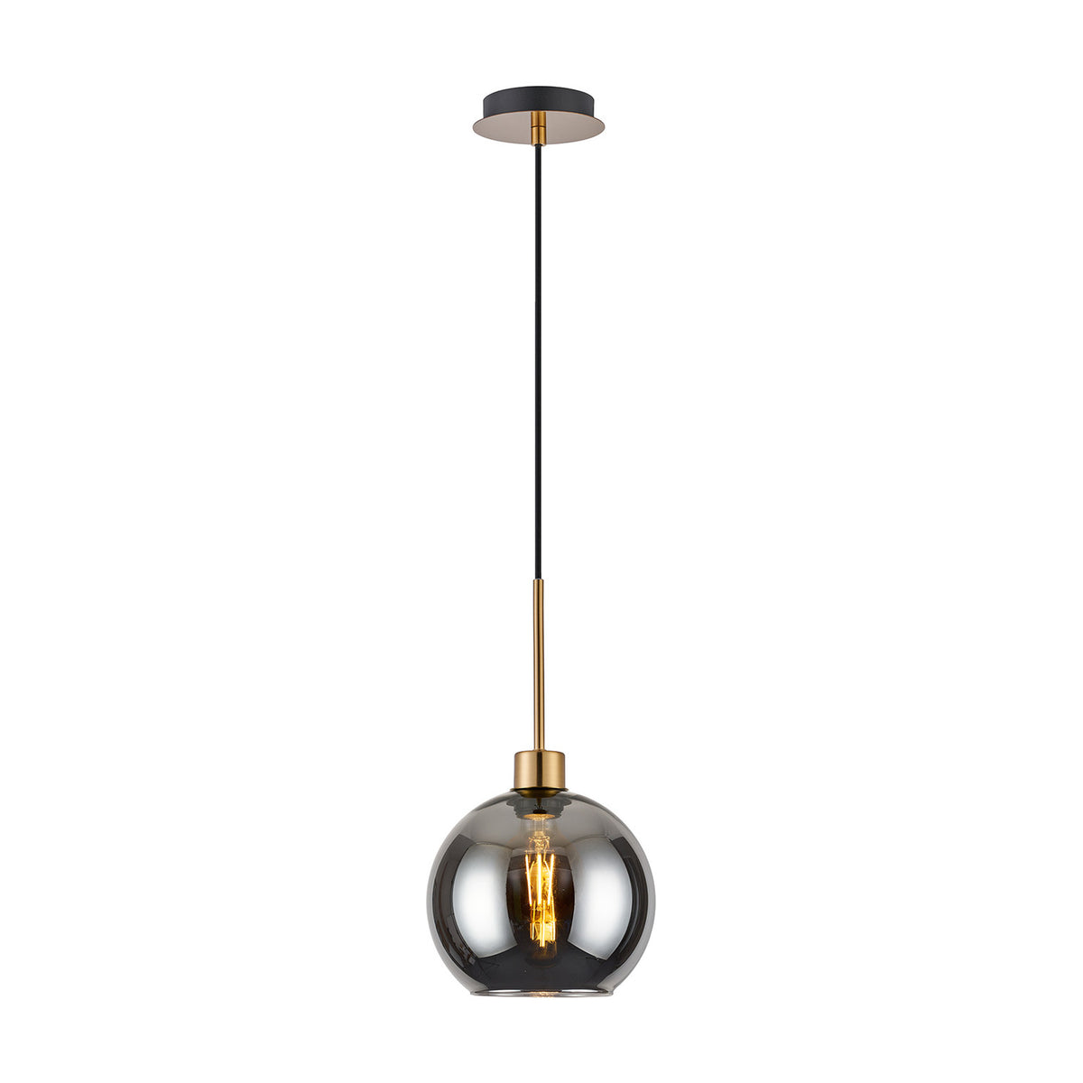 Lori Single Pendant Light with a 12cm smoke-tinted glass globe on a slender antique gold suspension rod and black ceiling rose, shown against a plain white background.