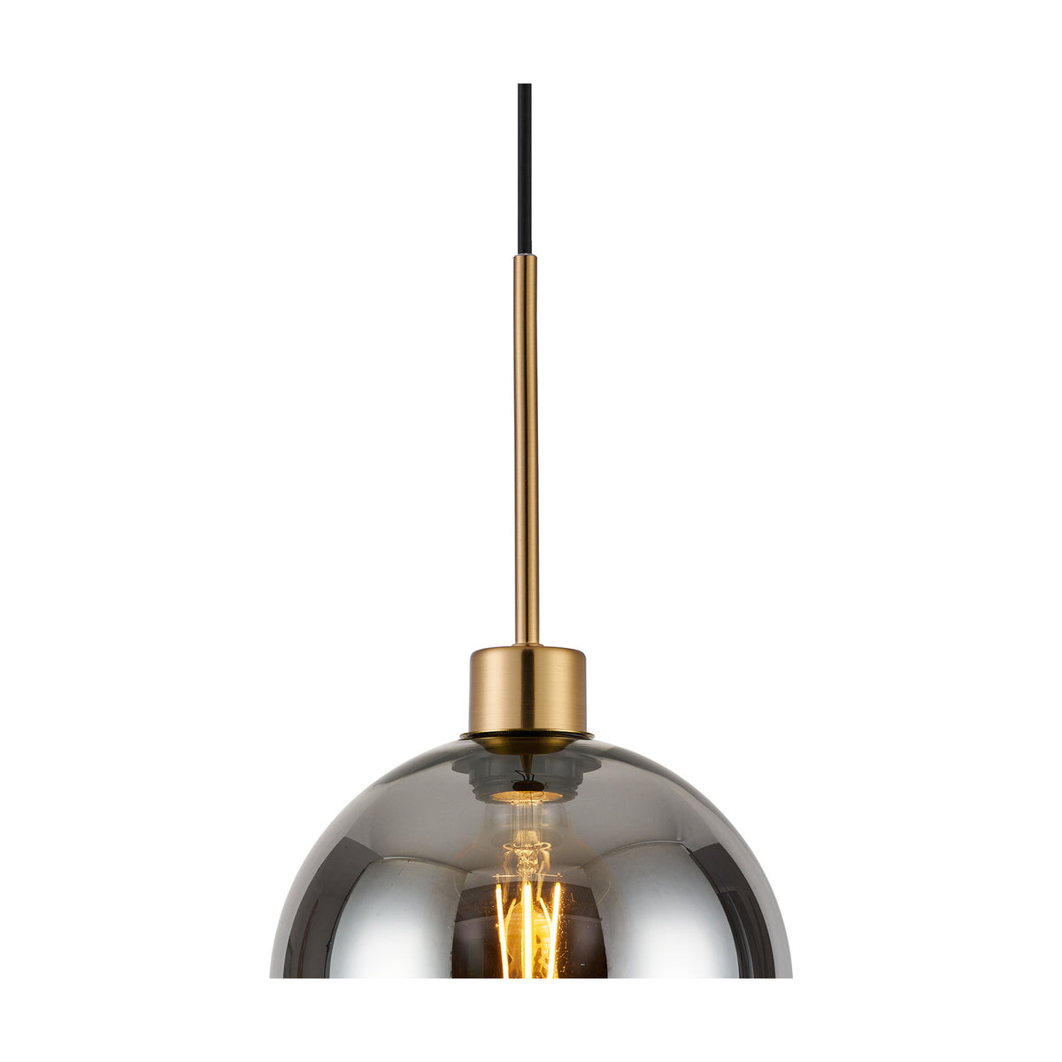 Lori Single Pendant Light, 12cm smoke-tinted glass globe with antique gold suspension rod and fitting, E27 bulb visible, on a plain white background.