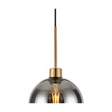 Lori Single Pendant Light, 12cm smoke-tinted glass globe with antique gold suspension rod and fitting, E27 bulb visible, on a plain white background.