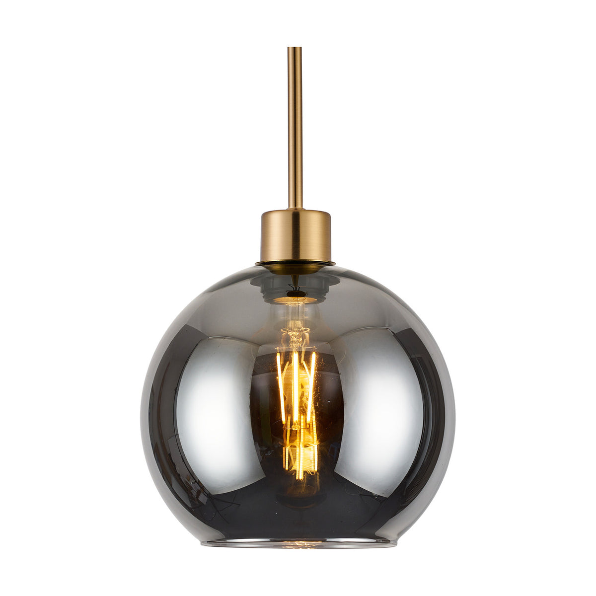 Lori Single Pendant Light, 12cm smoke-tinted glass globe on a slender antique gold rod suspension with visible E27 bulb, shown on a plain white background.