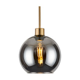 Lori Single Pendant Light, 12cm smoke-tinted glass globe on a slender antique gold rod suspension with visible E27 bulb, shown on a plain white background.