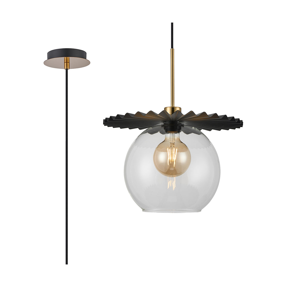 Lori Single Pendant Light with 12cm clear glass globe shade, black pleated ceiling disc, and antique gold accents, shown with round black and gold ceiling rose on a white background.