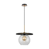 Lori Single Pendant Light with a 12cm clear glass globe shade beneath a black pleated disc and antique gold fitting, black cord and ceiling rose, on a white background.