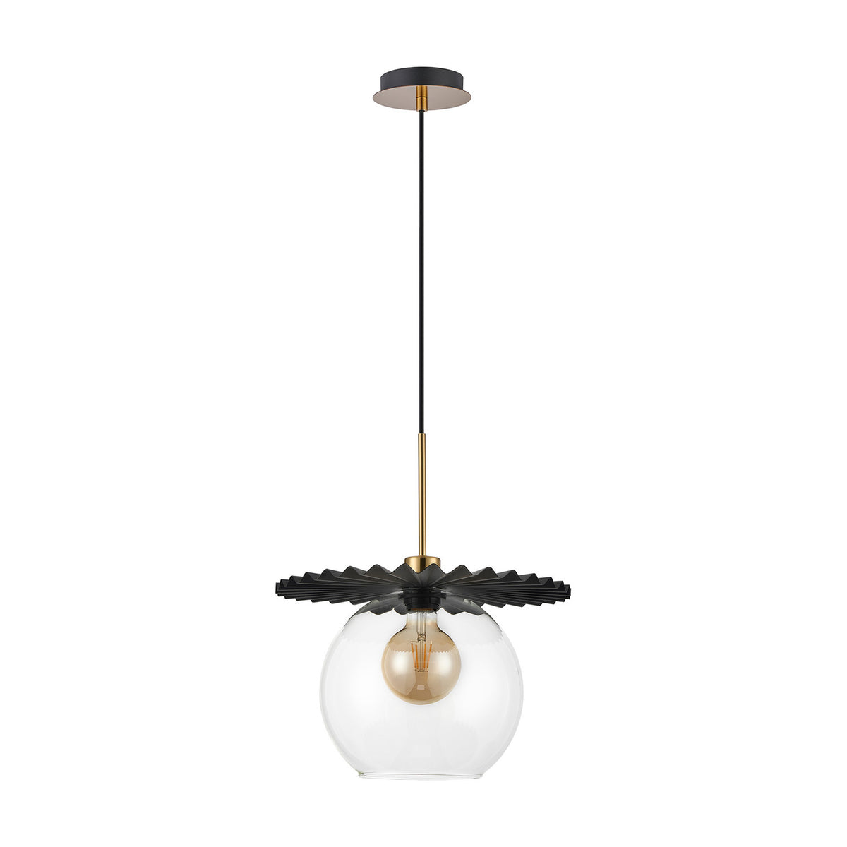 Lori Single Pendant Light featuring a 12cm clear glass globe shade, black pleated disc, antique gold fitting, and black and brass rod suspension from a round ceiling canopy.