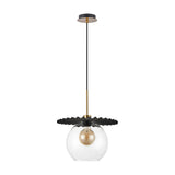 Lori Single Pendant Light featuring a 12cm clear glass globe shade, black pleated disc, antique gold fitting, and black and brass rod suspension from a round ceiling canopy.
