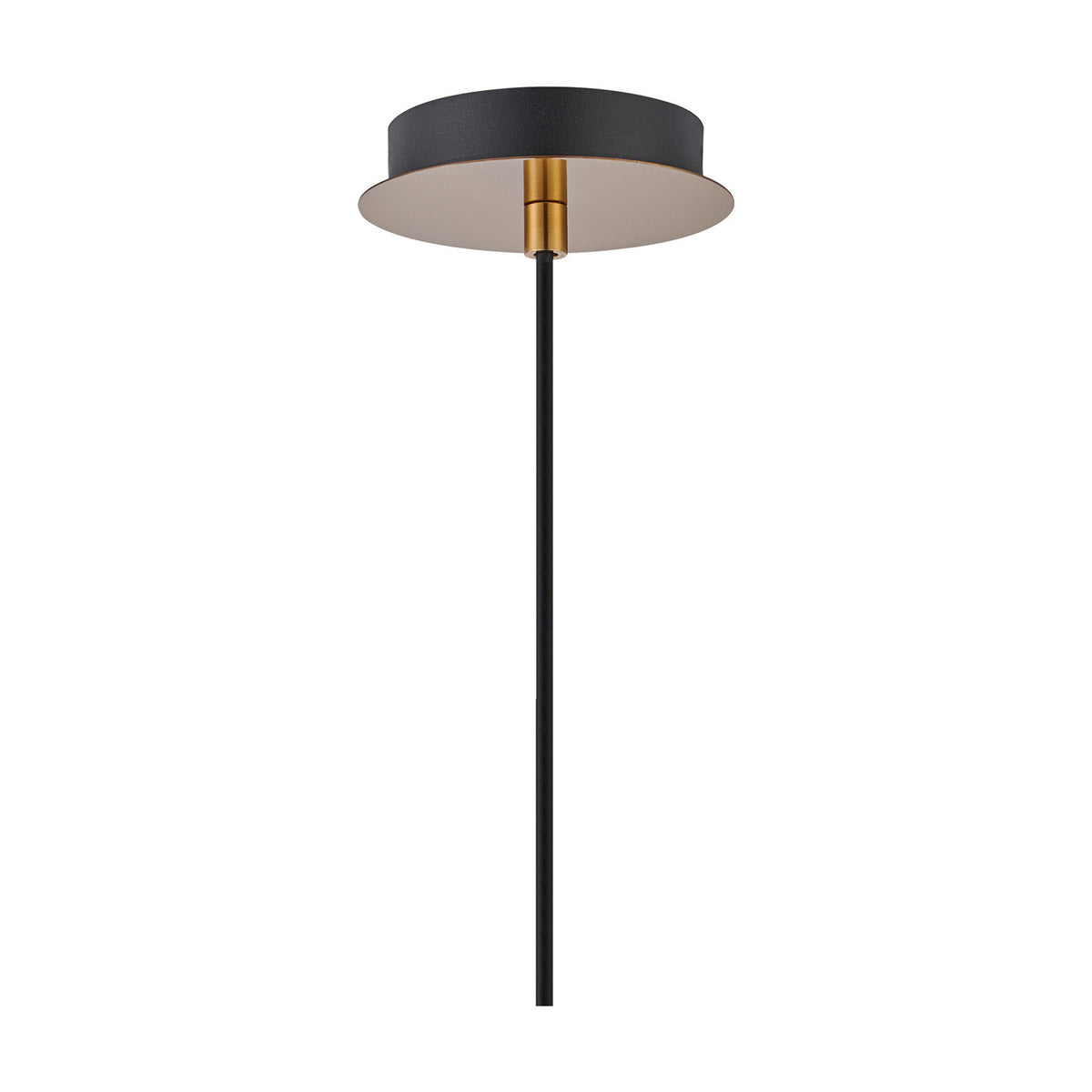 Lori Single Pendant Light, 12cm ceiling canopy in black with an antique gold pleated disc and brass detailing, shown on a black rod against a plain white background.