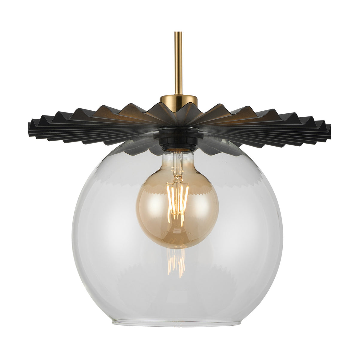 Lori Single Pendant Light with a 12cm clear glass globe shade beneath a black pleated disc and antique gold rod suspension, shown on a plain white background.