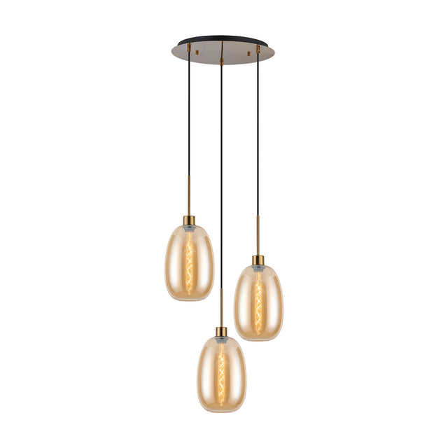 3-light E27 pendant light with three amber glass oval shades on antique gold cords from a round ceiling plate, shown on a plain white background.