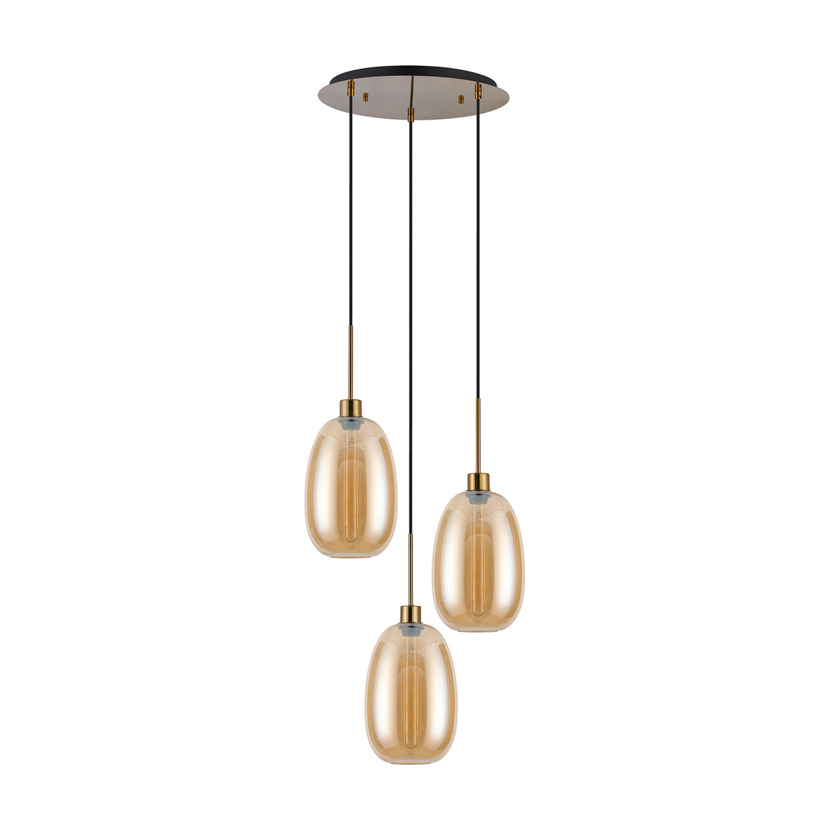3-light E27 pendant light with round antique gold ceiling plate, three amber glass oval shades on adjustable cords, shown on a white background.