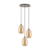 3-light E27 pendant light with round antique gold ceiling plate, three amber glass oval shades on adjustable cords, shown on a white background.