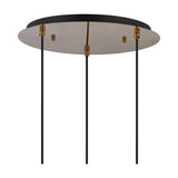 3 Light E27 Round Pendant with round antique gold ceiling plate and three black adjustable drop cords, brass detailing, shown on a plain white background.