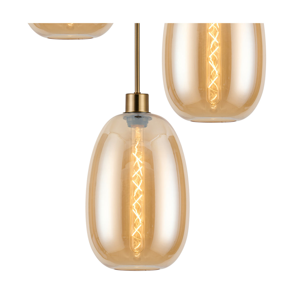 Close-up of the 3 Light E27 Round Amber Glass Pendant Light, showing tapered amber glass shades with visible filament bulbs on an antique gold rod and fitting.