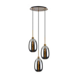 Lori 3 Light E27 Round Pendant Light: three tapered chrome glass shades with amber-glow interiors hang at staggered lengths from a round antique gold ceiling plate, shown on a plain white background.