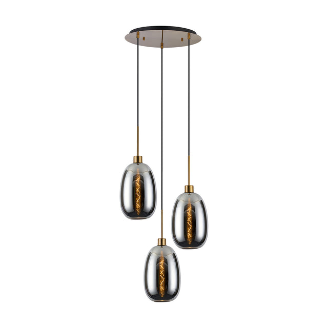 Lori 3 Light E27 Round Pendant Light: three tapered chrome glass shades with amber-glow interiors hang at staggered lengths from a round antique gold ceiling plate, shown on a plain white background.