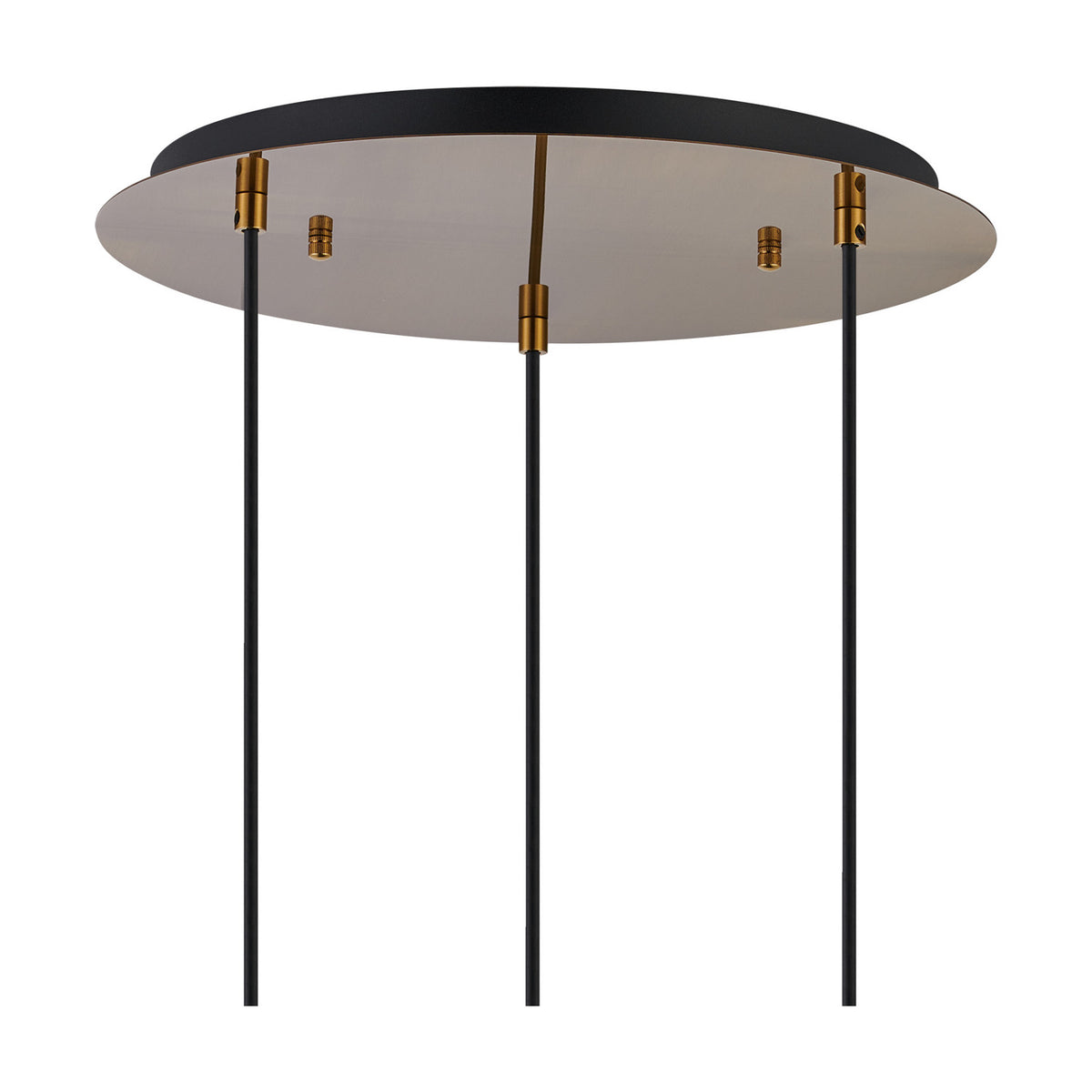 Lori 3 Light E27 Round Pendant Light 40cm ceiling plate in chrome and antique gold, showing three black cables and brass fittings on a white background.
