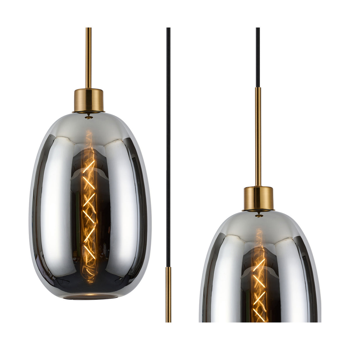 Lori pendant light detail shots showing an egg-shaped chrome glass shade with antique gold fitting, exposed filament bulb, and black flex cable on a plain white background.