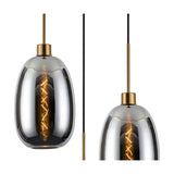 Lori pendant light detail shots showing an egg-shaped chrome glass shade with antique gold fitting, exposed filament bulb, and black flex cable on a plain white background.