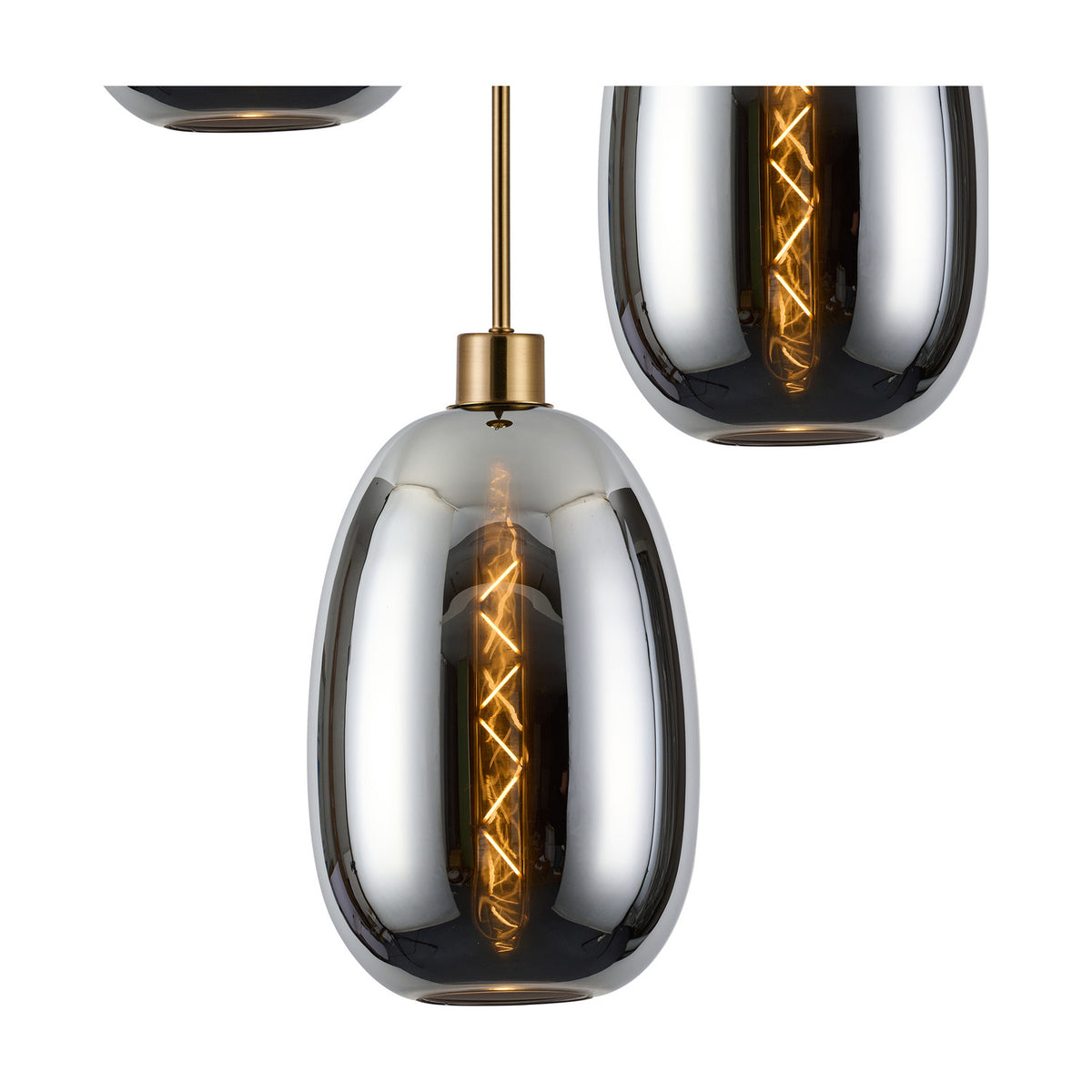 Lori 3 Light E27 Round Pendant Light 40cm, close-up of an oval chrome glass shade on an antique gold rod and fitting, showing the glowing filament bulb inside, on a white background.